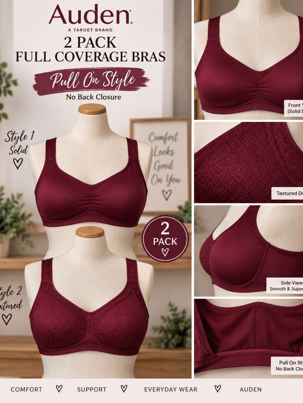 Auden 2 Pack- Deep Burgundy Full Coverage Bras
